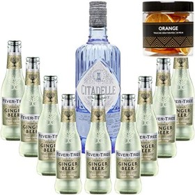 Pack Gintonic - Gin Citadelle Classique + 9 Fever Tree Ginger Beer Water - 70cl + 9 * 20cl + Pot de 20 tranches dOrange dé