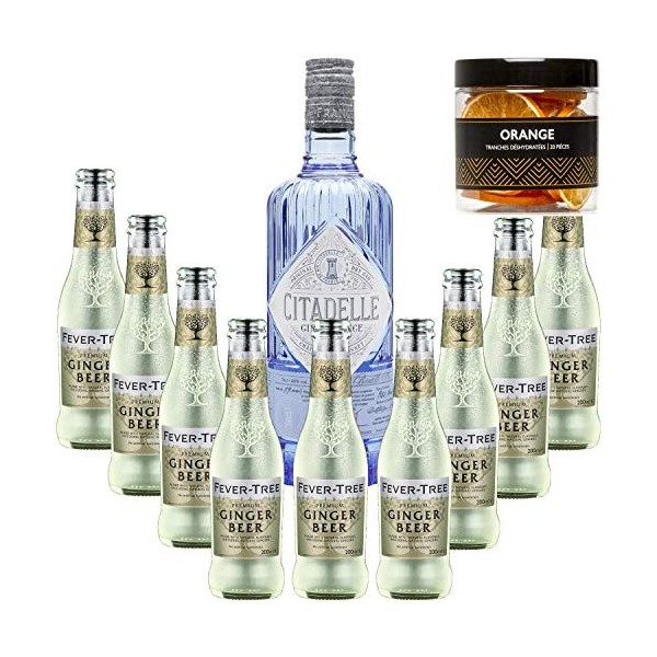 Pack Gintonic - Gin Citadelle Classique + 9 Fever Tree Ginger Beer Water - 70cl + 9 * 20cl + Pot de 20 tranches dOrange dé