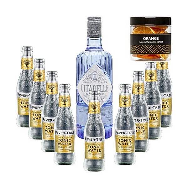 Pack Gintonic - Gin Citadelle Classique + 9 Fever Tree Indian Premium Water - 70cl + 9 * 20cl + Pot de 20 tranches dOrange