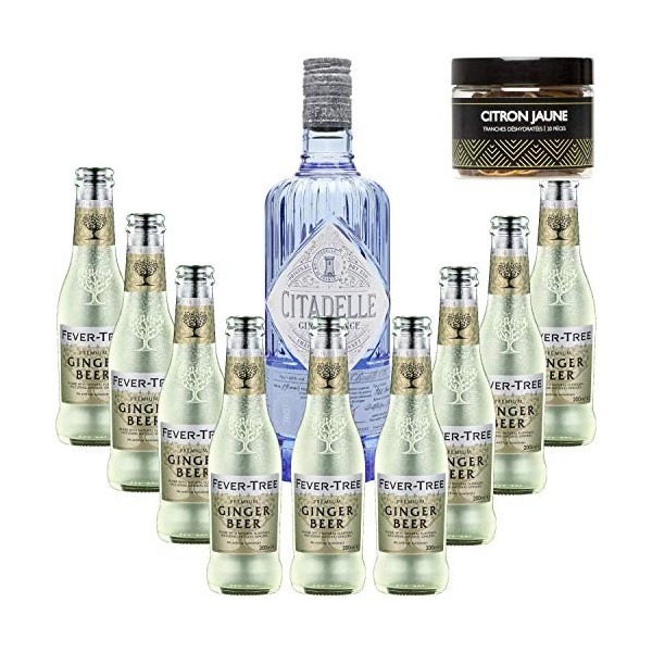 Pack Gintonic - Gin Citadelle Classique + 9 Fever Tree Ginger Beer Water - 70cl + 9 * 20cl + Pot de 20 tranches de Citron j