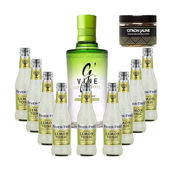 Pack Gintonic - GVine + 9 Fever Tree Sicilian Lemon Water - 70cl + 9 * 20cl + Pot de 20 tranches de Citron jaune déshydrat