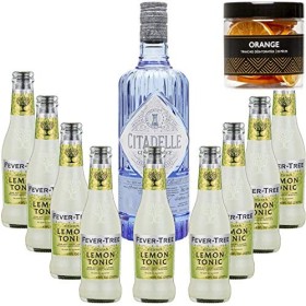 Pack Gintonic - Gin Citadelle Classique + 9 Fever Tree Sicilian Lemon Water - 70cl + 9 * 20cl + Pot de 20 tranches dOrange