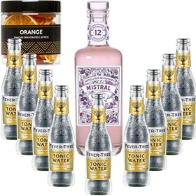 Gintonic - Mistral Gin 40° + 9Fever Tree Indian Premium Water - 70cl + 9 * 20cl + Pot de 20 tranches de Orange déshydratées