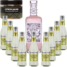 Gintonic - Gin Terre de Mistral 40° + 9Fever Tree Sicilian Lemon Water - 70cl + 9 * 20cl + Pot de 20 tranches de Citron Jau