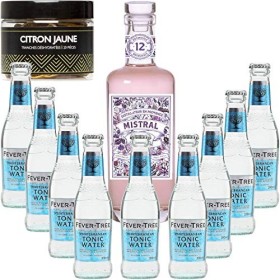 Gintonic - Mistral Gin 40° + 9Fever Tree Mediterranean Water - 70cl + 9 * 20cl + Pot de 20 tranches de Citron Jaune déshydr