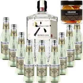 Pack Gintonic - Gin Roku + 9 Fever Tree Ginger Beer Water - 70cl + 9 * 20cl + Pot de 20 tranches dOrange déshydratées
