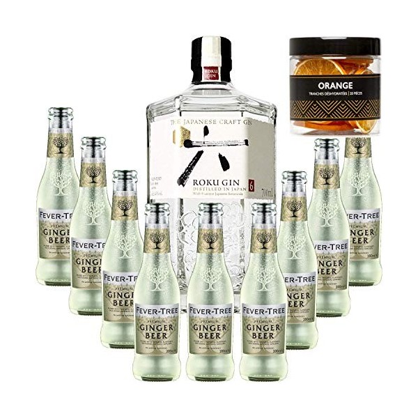 Pack Gintonic - Gin Roku + 9 Fever Tree Ginger Beer Water - 70cl + 9 * 20cl + Pot de 20 tranches dOrange déshydratées