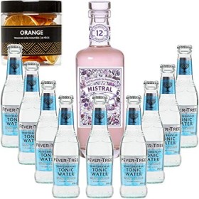Gintonic - Mistral Gin 40° + 9Fever Tree Mediterranean Water - 70cl + 9 * 20cl + Pot de 20 tranches de Orange déshydratées.