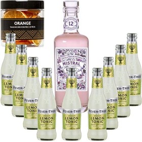 Gintonic - Mistral Gin 40° + 9Fever Tree Sicilian Lemon Water - 70cl + 9 * 20cl + Pot de 20 tranches de Orange déshydratées