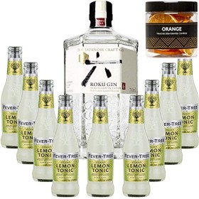 Pack Gintonic - Gin Roku + 9 Fever Tree Sicilian Lemon Water - 70cl + 9 * 20cl + Pot de 20 tranches dOrange déshydratées
