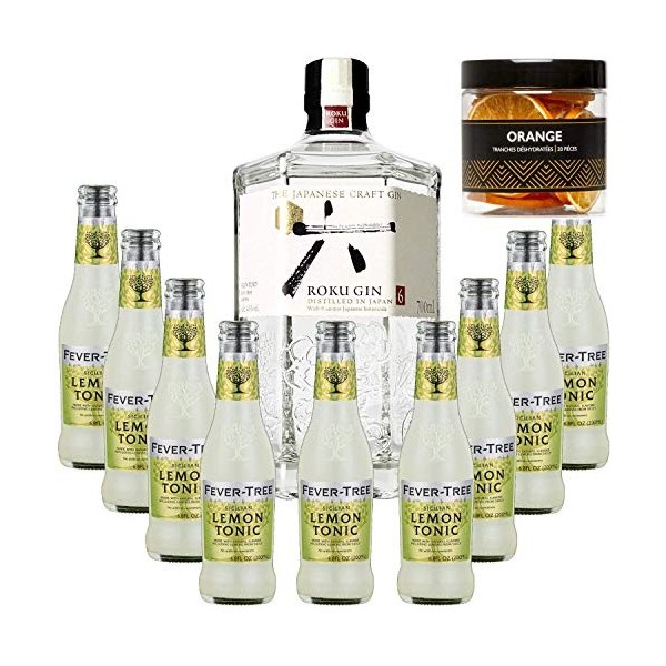 Pack Gintonic - Gin Roku + 9 Fever Tree Sicilian Lemon Water - 70cl + 9 * 20cl + Pot de 20 tranches dOrange déshydratées