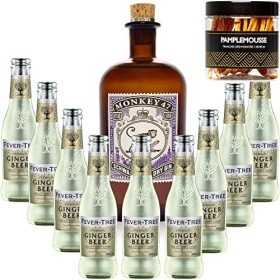 Pack Gintonic - Gin Monkey + 9 Fever Tree Ginger Beer Water - 50cl + 9 * 20cl + Pot de 20 tranches de Citron jaune déshydra