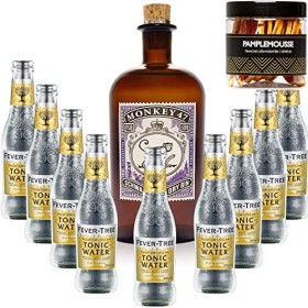 Pack Gintonic - Gin Monkey + 9 Fever Tree Indian Premium Water - 50cl + 9 * 20cl + Pot de 20 tranches de Citron jaune déshy