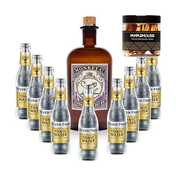 Pack Gintonic - Gin Monkey + 9 Fever Tree Indian Premium Water - 50cl + 9 * 20cl + Pot de 20 tranches de Citron jaune déshy