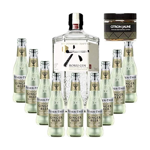 Pack Gintonic - Gin Roku + 9 Fever Tree Ginger Beer Water - 70cl + 9 * 20cl + Pot de 20 tranches de Citron jaune déshydraté