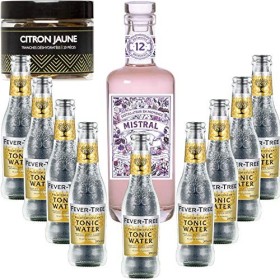 Gintonic - Mistral Gin 40° + 9Fever Tree Indian Premium Water - 70cl + 9 * 20cl + Pot de 20 tranches de Citron Jaune déshyd