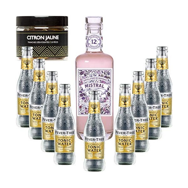 Gintonic - Mistral Gin 40° + 9Fever Tree Indian Premium Water - 70cl + 9 * 20cl + Pot de 20 tranches de Citron Jaune déshyd