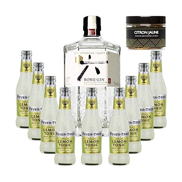 Pack Gintonic - Gin Roku + 9 Fever Tree Sicilian Lemon Water - 70cl + 9 * 20cl + Pot de 20 tranches de Citron jaune déshydr
