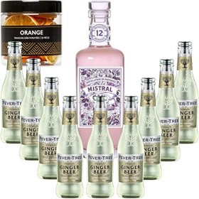 Gintonic - Mistral Gin 40° + 9Fever Tree Ginger Beer Water - 70cl + 9 * 20cl + Pot de 20 tranches de Orange déshydratées.