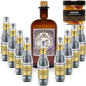 Pack Gintonic - Gin Monkey + 9 Fever Tree Indian Premium Water - 50cl + 9 * 20cl + Pot de 20 tranches dOrange déshydratées
