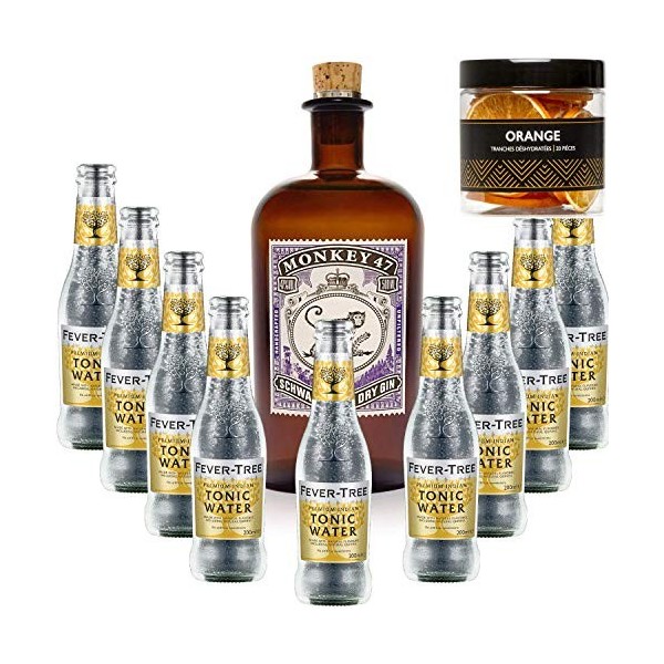 Pack Gintonic - Gin Monkey + 9 Fever Tree Indian Premium Water - 50cl + 9 * 20cl + Pot de 20 tranches dOrange déshydratées
