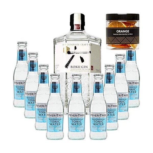 Pack Gintonic - Gin Roku + 9 Fever Tree Mediterranean Water - 70cl + 9 * 20cl + Pot de 20 tranches dOrange déshydratées