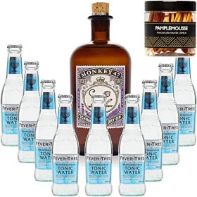 Pack Gintonic - Gin Monkey + 9 Fever Tree Mediterranean Water - 50cl + 9 * 20cl + Pot de 20 tranches de Citron jaune déshyd