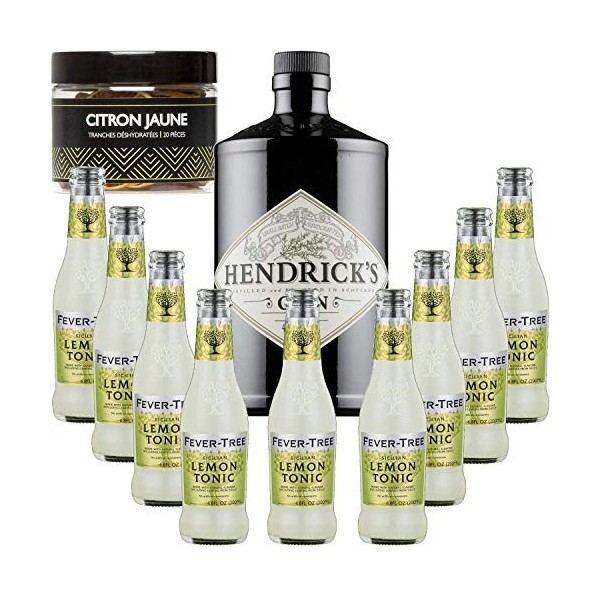 Gintonic - Gin Hendricks 41,3° + 9Fever Tree Sicilian Lemon Water - 70cl + 9 * 20cl + Pot de 20 tranches de Citron Jaune dé