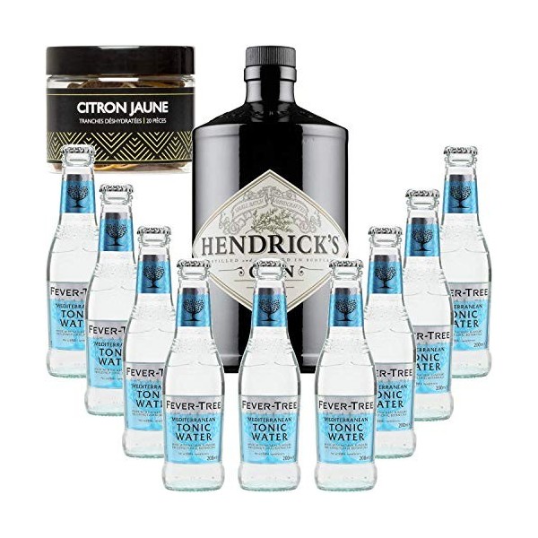 Gintonic - Gin Hendricks 41,3° + 9Fever Tree Mediterranean Water - 70cl + 9 * 20cl + Pot de 20 tranches de Citron Jaune dés