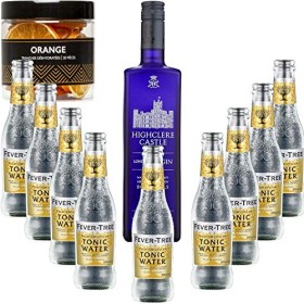 Gintonic - Gin Highclere Castle 43,5° + 9Fever Tree Indian Premium Water - 70cl + 9 * 20cl + Pot de 20 tranches de Orange d