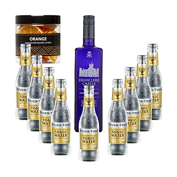 Gintonic - Gin Highclere Castle 43,5° + 9Fever Tree Indian Premium Water - 70cl + 9 * 20cl + Pot de 20 tranches de Orange d