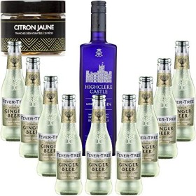 Gintonic - Gin Highclere Castle 43,5° + 9Fever Tree Ginger Beer Water - 70cl + 9 * 20cl + Pot de 20 tranches de Citron Jaun