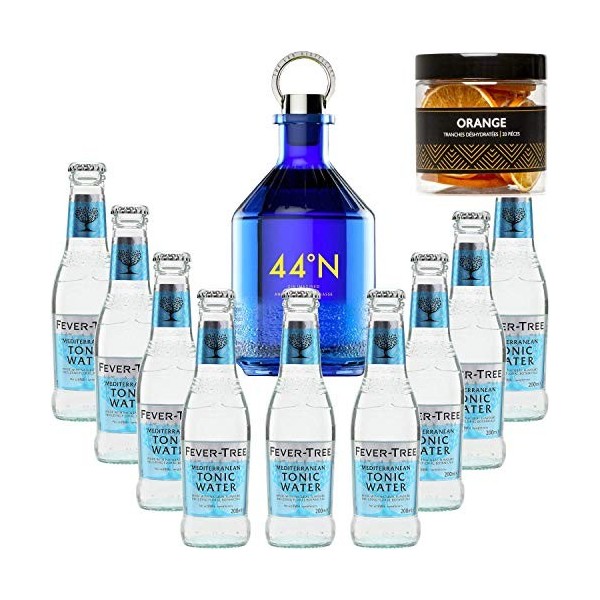 Pack Gintonic - Gin Numero 44 + 9 Fever Tree Mediterranean Water - 50cl + 9 * 20cl + Pot de 20 tranches dOrange déshydraté