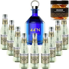 Pack Gintonic - Gin Numero 44 + 9 Fever Tree Ginger Beer Water - 50cl + 9 * 20cl + Pot de 20 tranches dOrange déshydratées