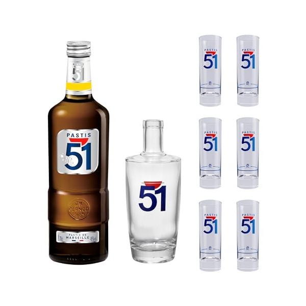 PASTIS 51 Pack Apéritif anisé Pastis de Marseille + 6 verres + 1 Carafe - 45%, 70cl