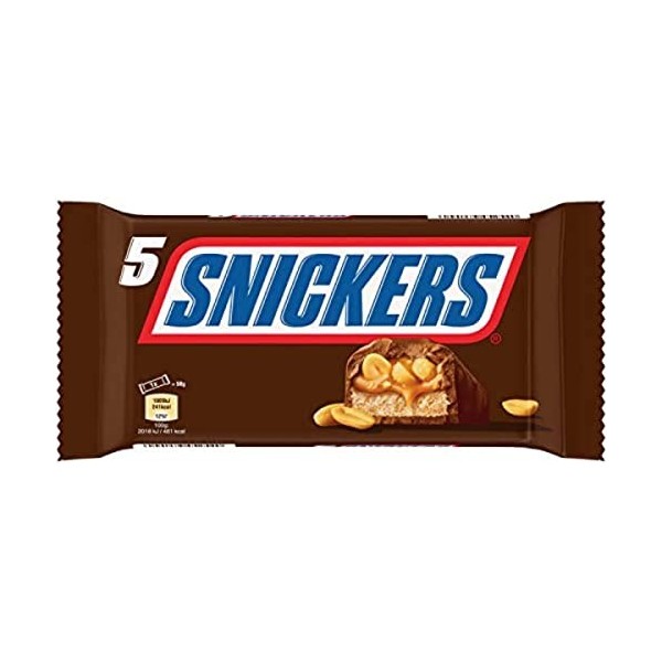 Snickers Barres de chocolat nappées de caramel et de cacahuètes - Le sachet de 5, 250g
