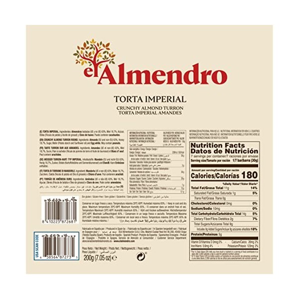 EL Almendro Tarte originale sans gluten Torta Imperial avec un garnissage nougat blanc, 200 g