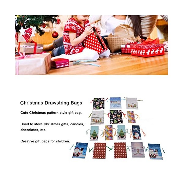 UPQRSG 15 Pièces Sacs Cadeaux de Noël à Cordon, 9 Styles de Sacs demballage de Noël Sacs de Friandises de Noël, Grands Sacs 