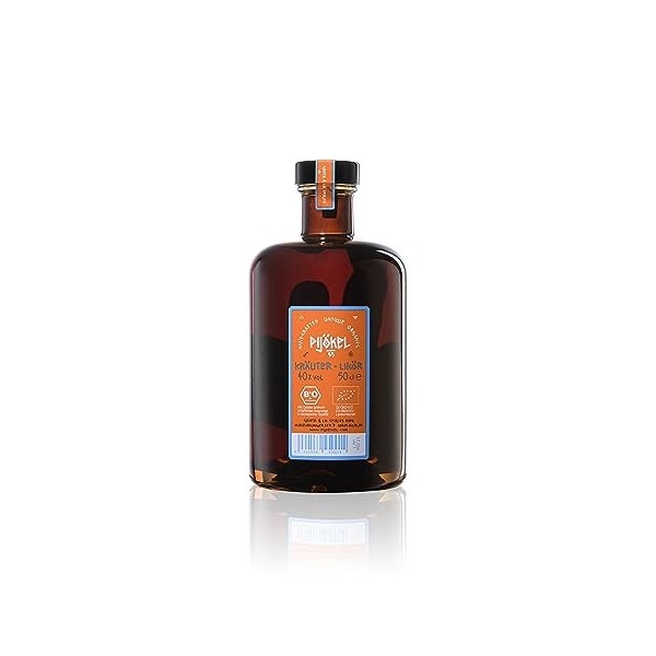 Pijökel 55 - liqueur douce aux herbes biologiques mis en bouteille suivant la typicité du design des bouteilles de Schnaps au