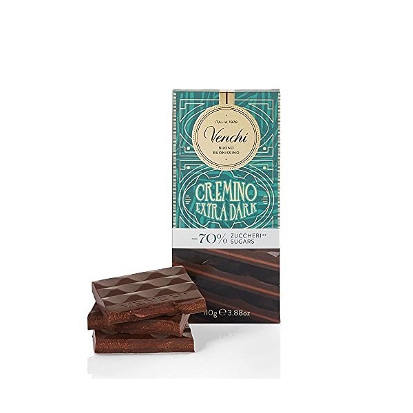 Venchi - Tablette Cremino de Chocolat Noir -70 % de sucres, 110 g - Sans sucre ajouté - Sans gluten