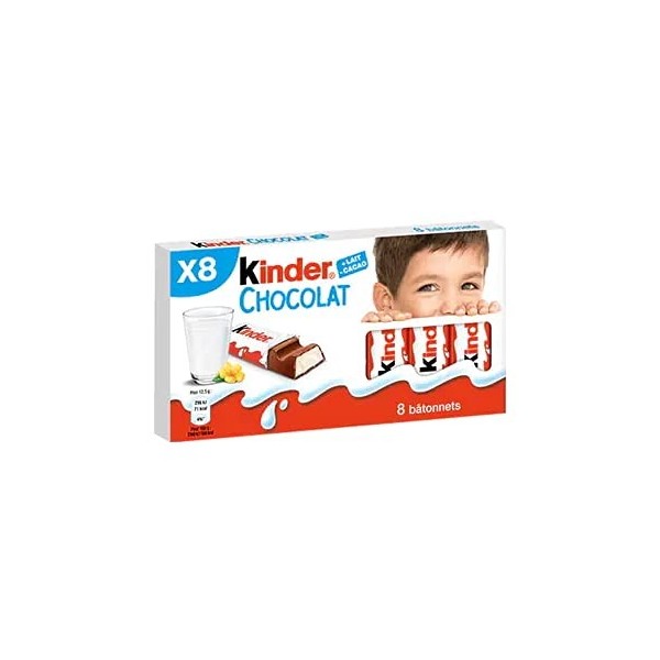 KINDER Chocolat - Barres chocolatées fourrées au lait 8 barres 100g - Le paquet de 8 barres.