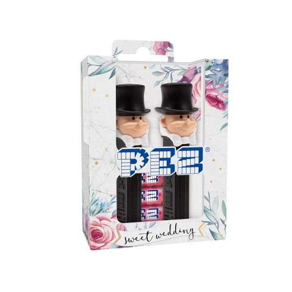 PEZ - Twinpack licence Mariage Groom & Groom-Combinaison unique de 2 distributeurs et de bonbons aux goûts Lychee -Contient 2