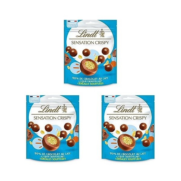 Lindt - Sachet de billes Céréales Soufflées SENSATION CRISPY - Chocolat au Lait, 140g Lot de 3 