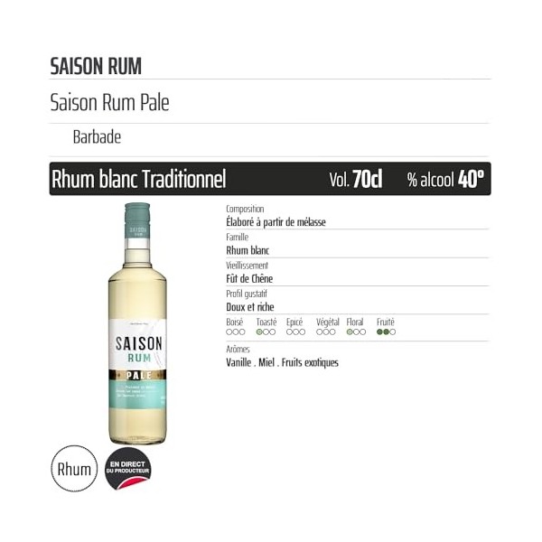 Saison Rum Pale - Origine Barbade - 70cl