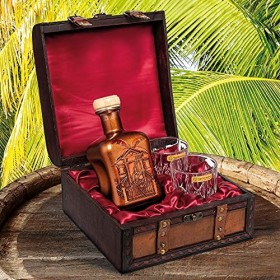 Coffret cadeau rhum Villa Ron 0,5 l avec deux verres tumbler dans une caisse ancienne - Maison Privée