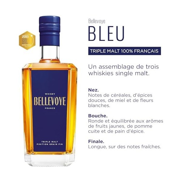 BELLEVOYE Bleu - Whisky Triple Malt - Médaille d’or Concours Mondial Whisky Masters 2022 - 40 % Alcool - 100 % France - 70 cl