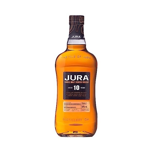 JURA - 10 ans - Whisky Single Malt - Notes de Chocolat Noir & Café Moulu - Origine : Écosse/Jura - 40% Alcool - 70 cl