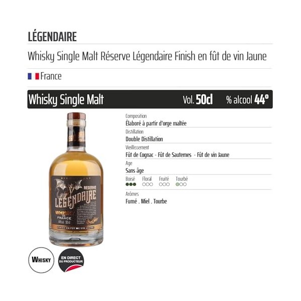 Whisky Single Malt Réserve Légendaire Finish en fût de vin Jaune - Origine France - 50cl