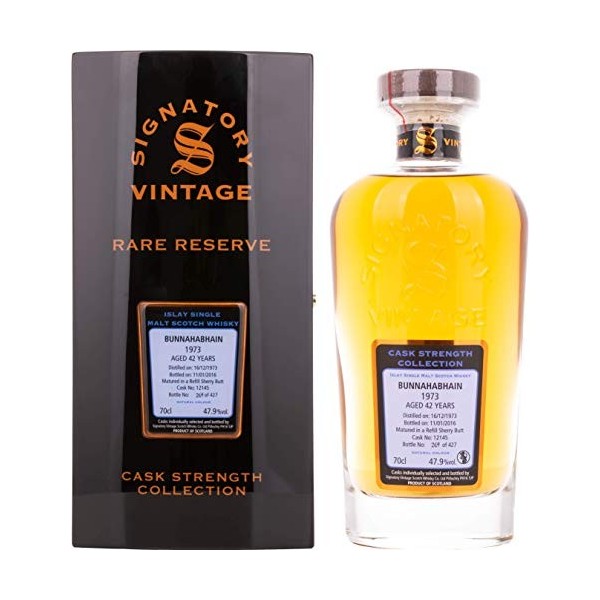 Signatory Vintage BUNNAHABHAIN 42 Years Old RARE RESERVE Cask Strength 1973 47,9% Vol. 0,7l in Holzkiste