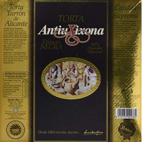Torta de Turrón espagnol dur avec dénomination dorigine - Marque Antiu Xixona, Nougat Label Noir, Qualité Suprême, 200g